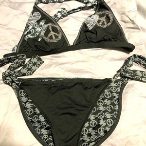 Lucky Brand 2 piece black peace love Bikini halter top & side tie bottoms SET L